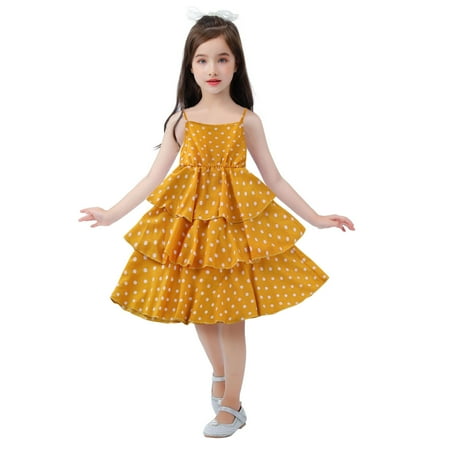JDEFEG Toddler Girls Sleeveless Prints Dress Dance Party Dresses Clothes Flower Girl Dresses for Wedding Kindergarten Graduation Dress Yellow Size 150