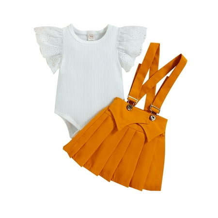 

Avamo Baby Casual Short Sleeve Summer Outfits Pleated Suspender Top+Skirts Newborn Solid Color Holiday 2Pcs Outfit Suit