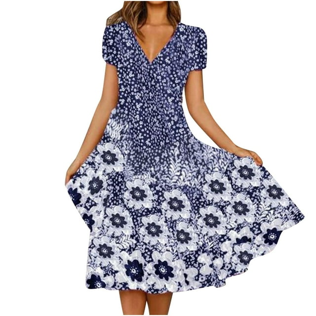 QIPOPIQ Robe Maxi Élégante pour Femme à Manches Courtes, Imprimé Floral, Col en V, Robe d'Été, Robes à Empiècements en Dentelle, Robe Tendance à Jupe Longue, Offres 2023