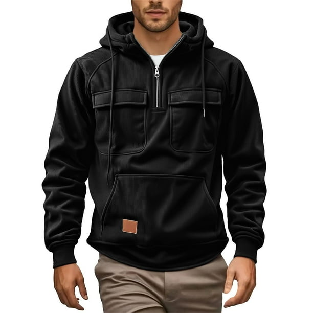 MHFRRA Sudadera Informal con Capucha y Mangas Raglán de Pana para Hombre, con Bolsillos con Cremallera, para Uso Diario En Otoño E Invierno Negro