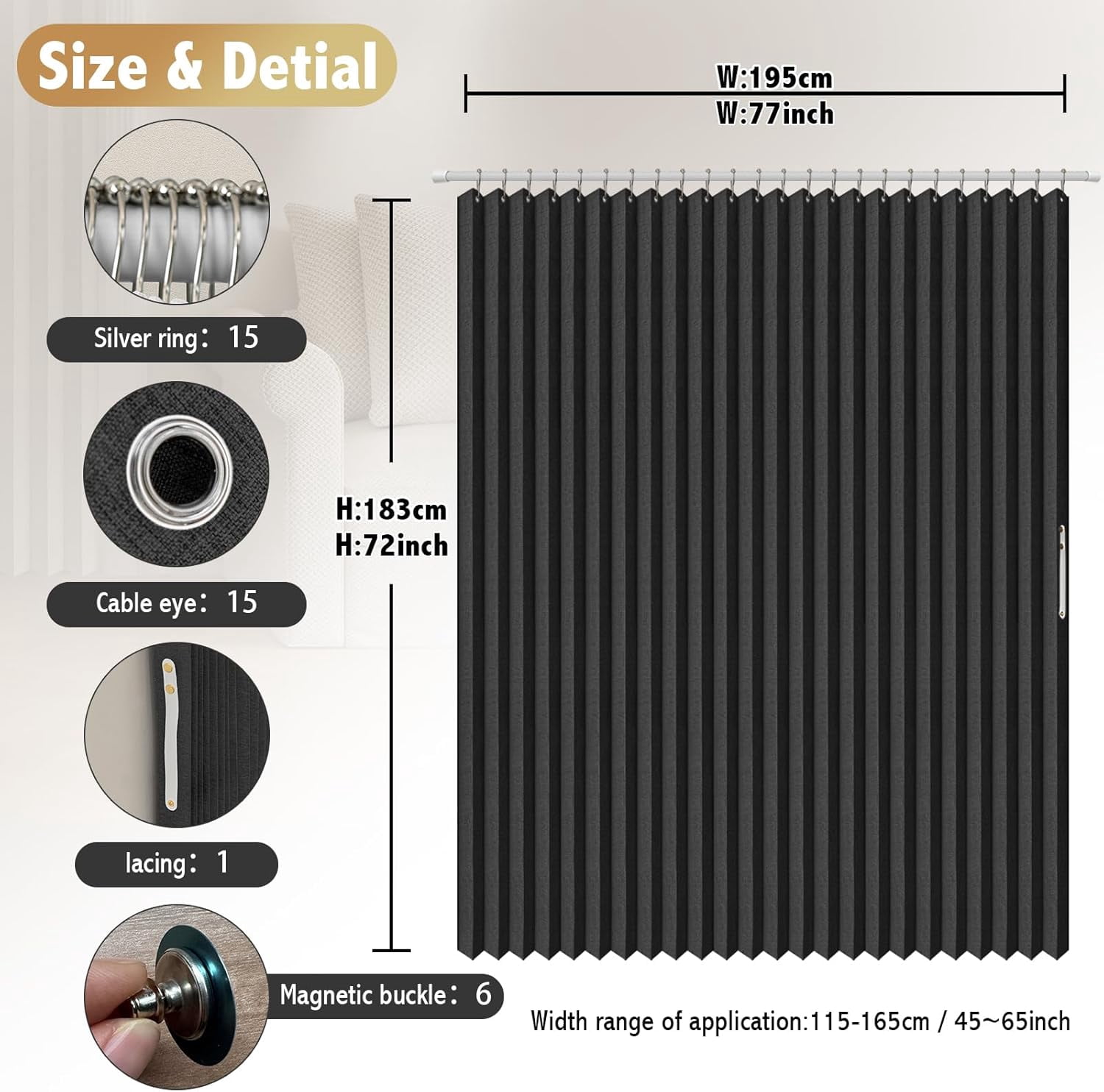 Magnetic Folding Shower Curtains Acordion Shower Curtain Fabric Polyester Waterproof Shower Curtains Suitable for Family Hotel Homestay Bathroom (Black,77" W x 72" L) 1 Panel