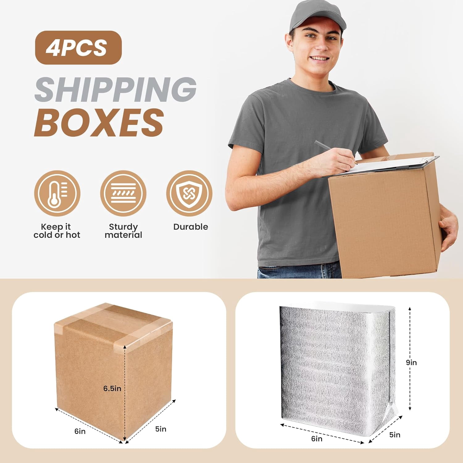 4 Pack Insulated Shipping Boxes with Aluminum Foil Liner,Thermal Insulation Cold Pack Shipping Boxes for Frozen, Reusable Styrofoam Cooler Box, Small Mailing Box, 6''x5''x9''