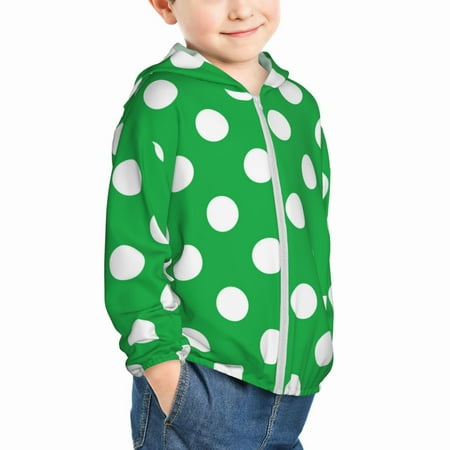 

Uemuo Green And White Polka Dot Pattern Rash Guard for Boys Girls Long Sleeve Swim Shirts UPF 50+ UV Sun Protection Hooded Fishing Shirt with Pocket for Kid-5 Years