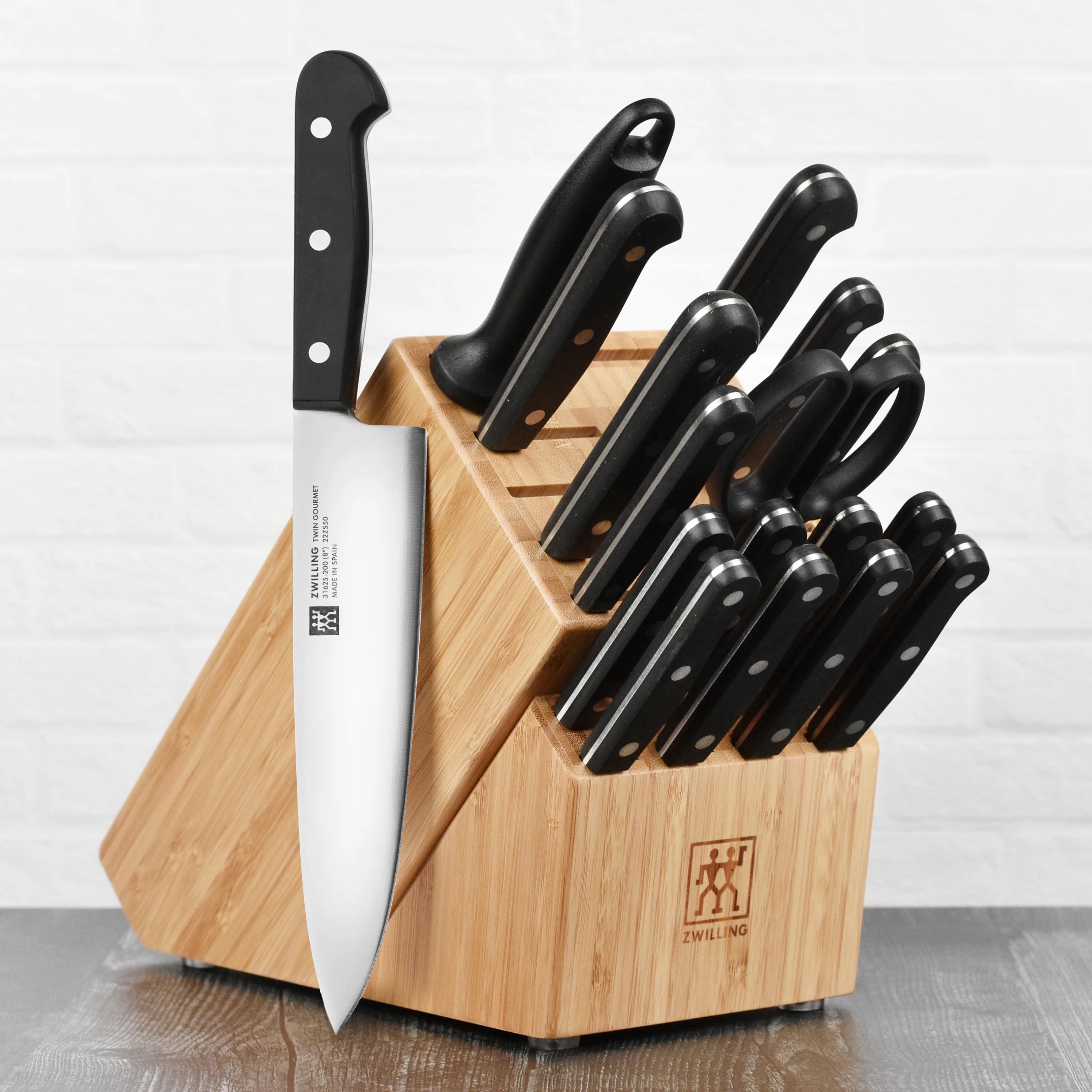 ZWILLING Twin Gourmet Classic 18-pc Knife Block Set, German Stainless Steel, 3 Rivet Handle, No-Stain, Includes Shears Honing Steel, Made in Spain