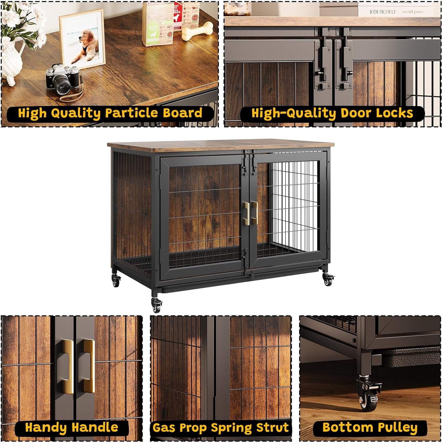 Acekid Heavy Duty Dog Crate - 37.5 Inch Furniture Style Kennel with Wheels & Removable Tray - Lockable Indoor Cage for Large & Medium Dogs - Brown