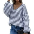 thumbnail image 2 of Womens Loose Crewneck Long Sleeve Stripped Off the Shoulder Knitted Solid Pullover Fall Jumper Tops Grey L, 2 of 8