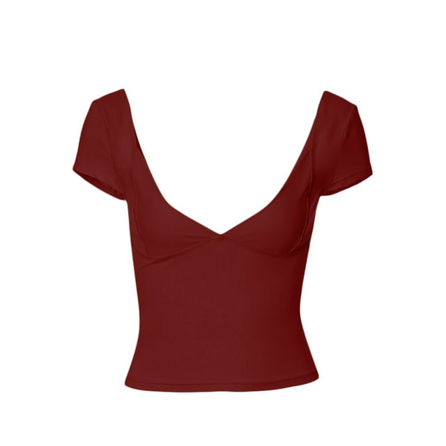 Gupgi Women Deep V Neck T-Shirts Solid Color Short Sleeve Low Cut Slim Crop Top