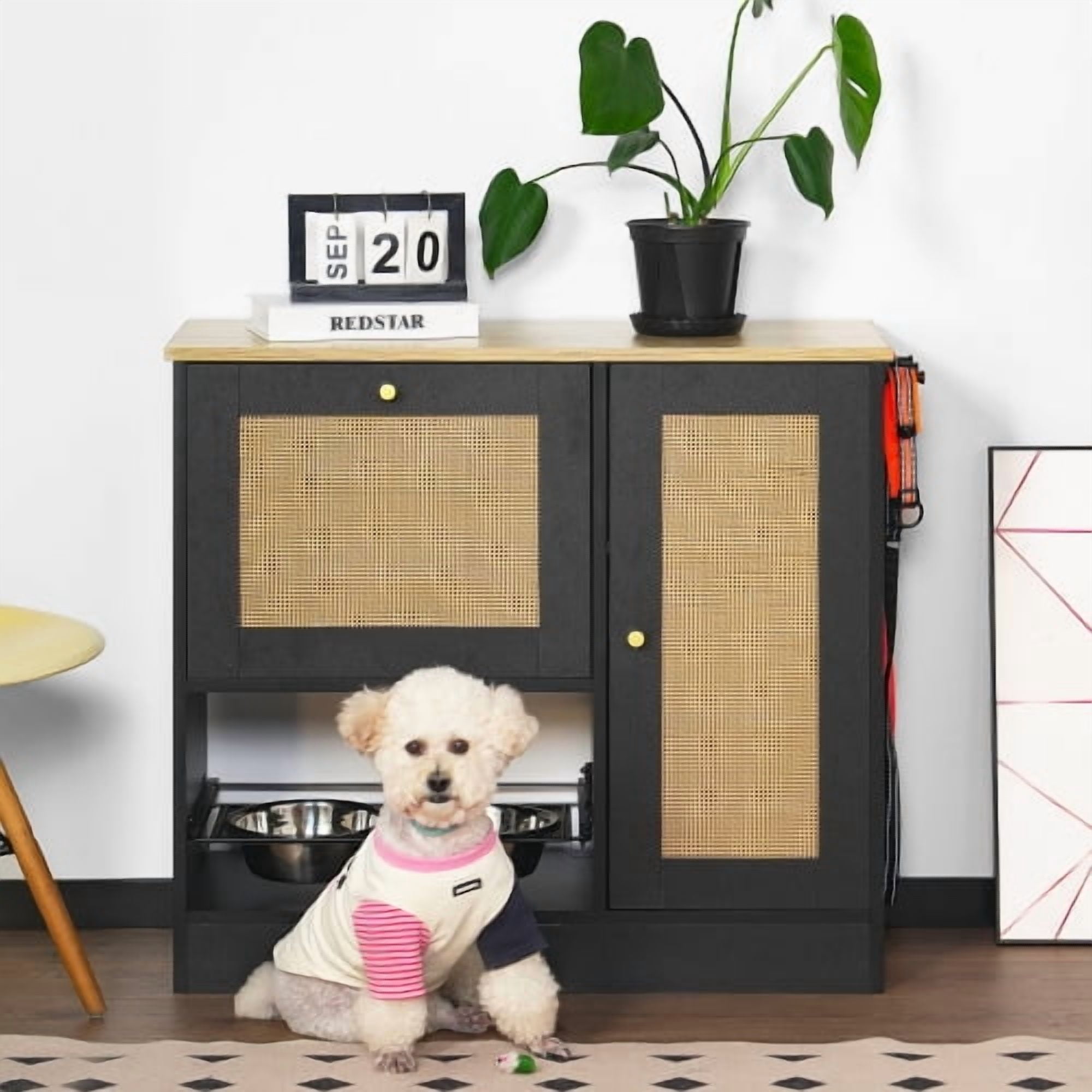 Pet Feeding Station with 2 Lockers and Elevated Dog Bowls Side Hooks Anti-Tipping Kit Rattan Door for Kitchen and Living Room, Black and Vintage