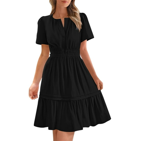 RYRJJ Women's Casual Dresses Summer Spring V Neck Puff Short Sleeve Sundress Smocked Waist A Line Tiered Mini Dress(Black,M)