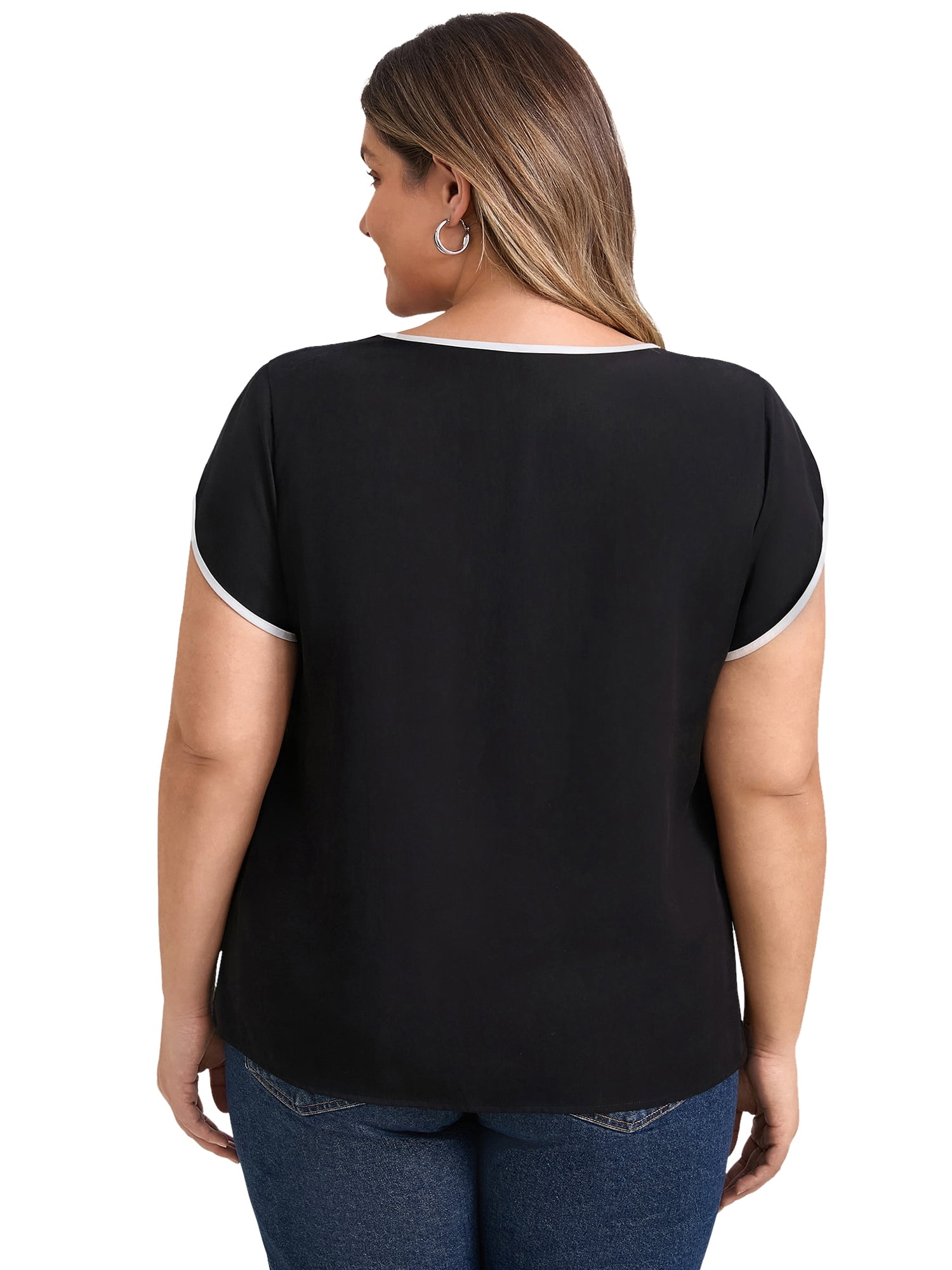 DARING DIVA Women's Plus Tops Keyhole Crew Neck Tulip Blouses 4X Black