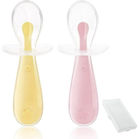 Dww-lot De 2 Cuillres Pour Bb En Silicone (rose + Jaune), Vaisselle Ergonomique Pour Bb, Cuillres, Idales Pour Apprendre La Varit Des Aliments, Auto-a