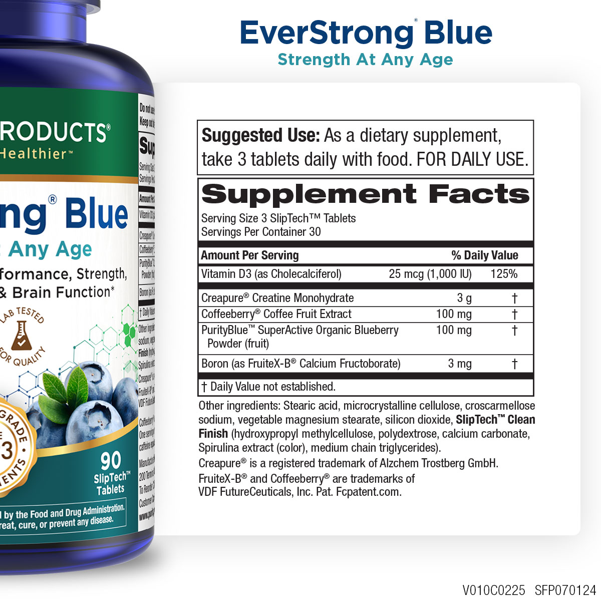 Purity Products EverStrong Blue Strength Building Brain Boosting w/Muscle Matrix Blend ft. Creatine Monohydrate More, PurityBlue Organic Blueberry Complex, 1000 IU Vitamin D Tablets