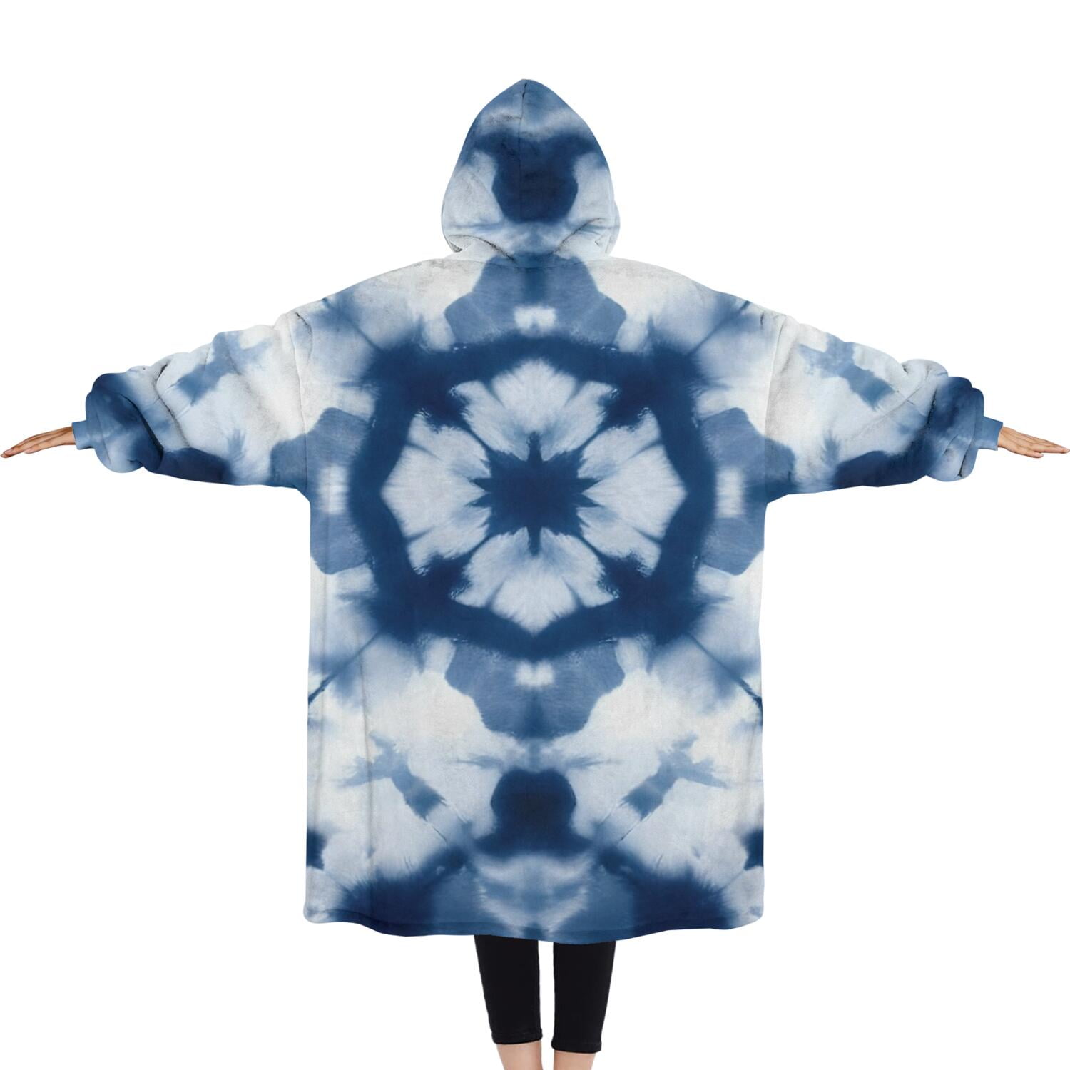 Oversized Wearable Blanket Hoodie,Blue White Tie Dye Mandala Pattern Sherpa Blanket Hoodie with Super Pockets,Super Warm Fuzzy Pullover for Women & Men