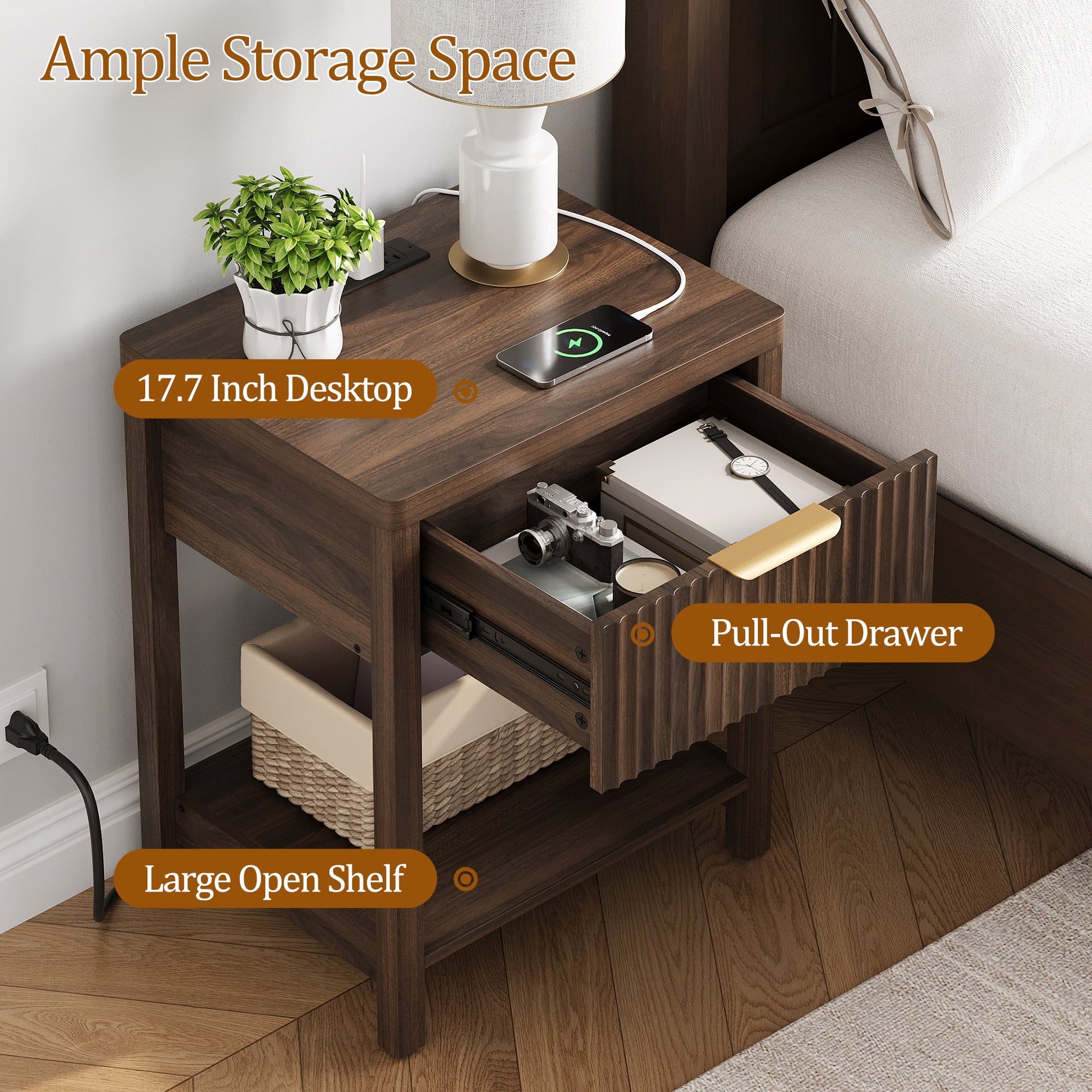 Aufeile Nightstand for Bedroom Set of 2 with Charging Station, Modern Side Table with Drawer & Open Shelf, Fluted End Table with 2 AC Outlets, USB & Type-C, Walnut