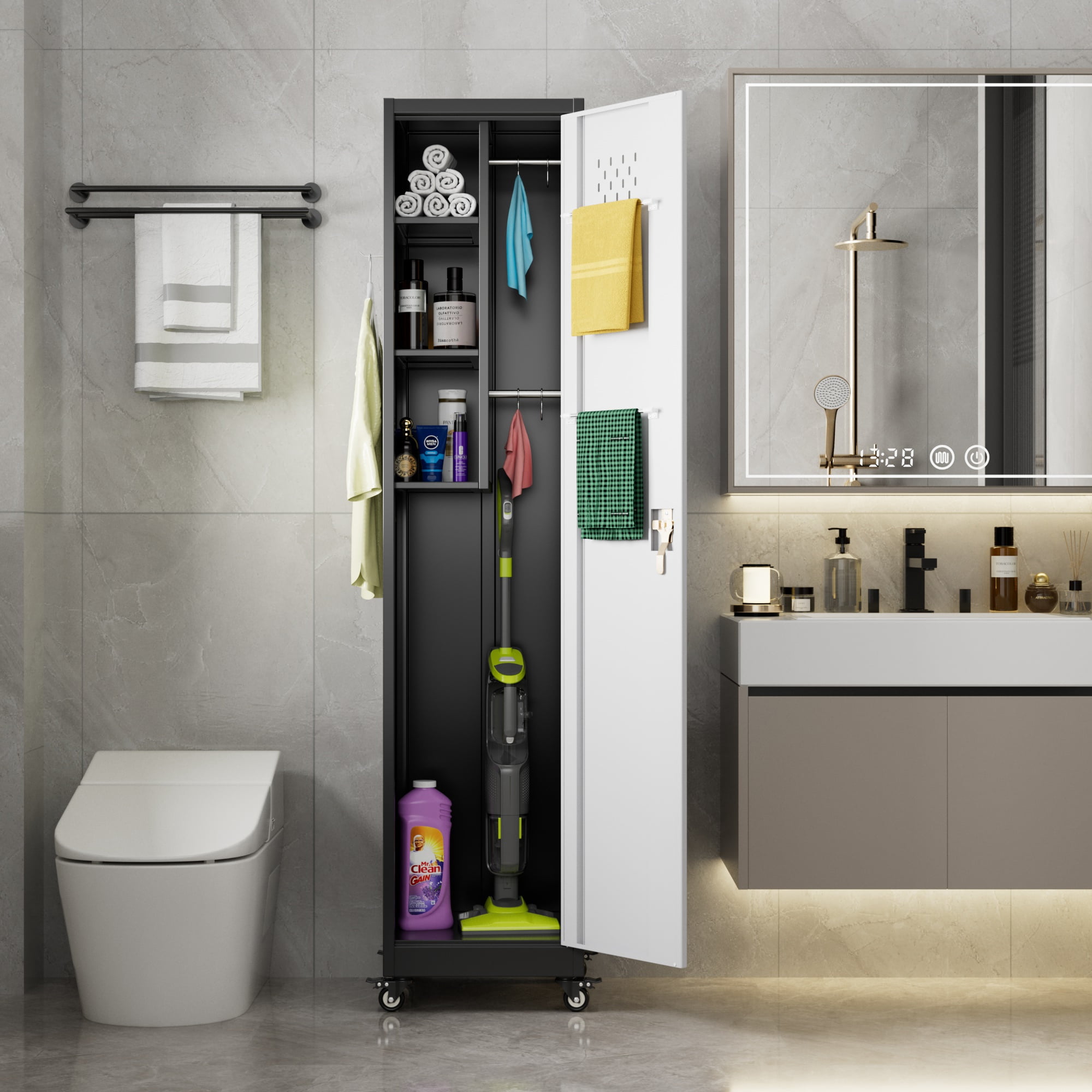 Aobabo 72''H Metal Broom Closet Storage Cabinet with Wheels, Steel Cleaning Tool Cabinet for Garage with Pegboards and Hooks,Assembly Required,Black/White
