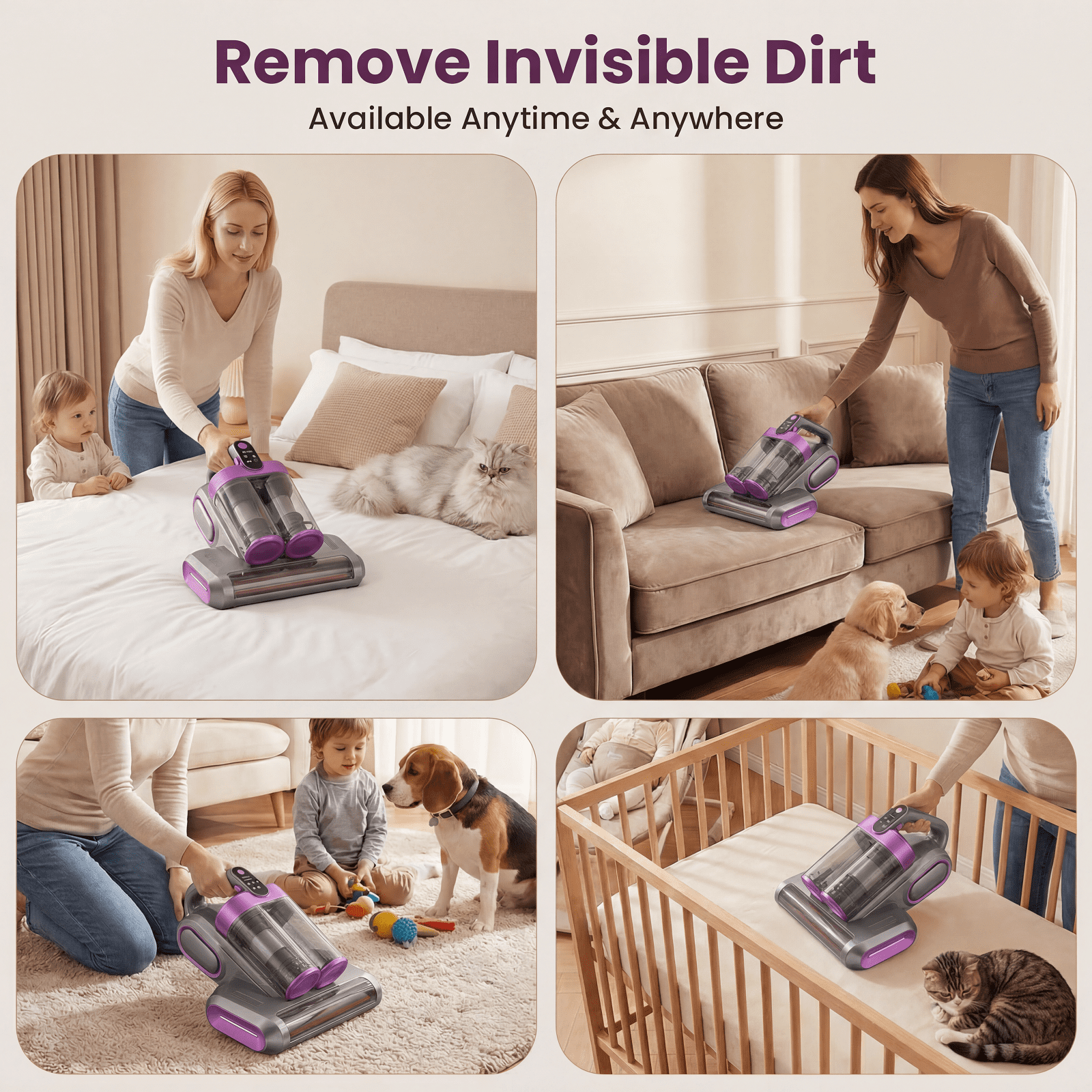 KANFUAQ Mattress Vacuum Cleaner, 18Kpa/30Mins Cordless Bed Vacuum with UV Light & LED Display, Handheld Vacuum for Bed Couch Crib Purple