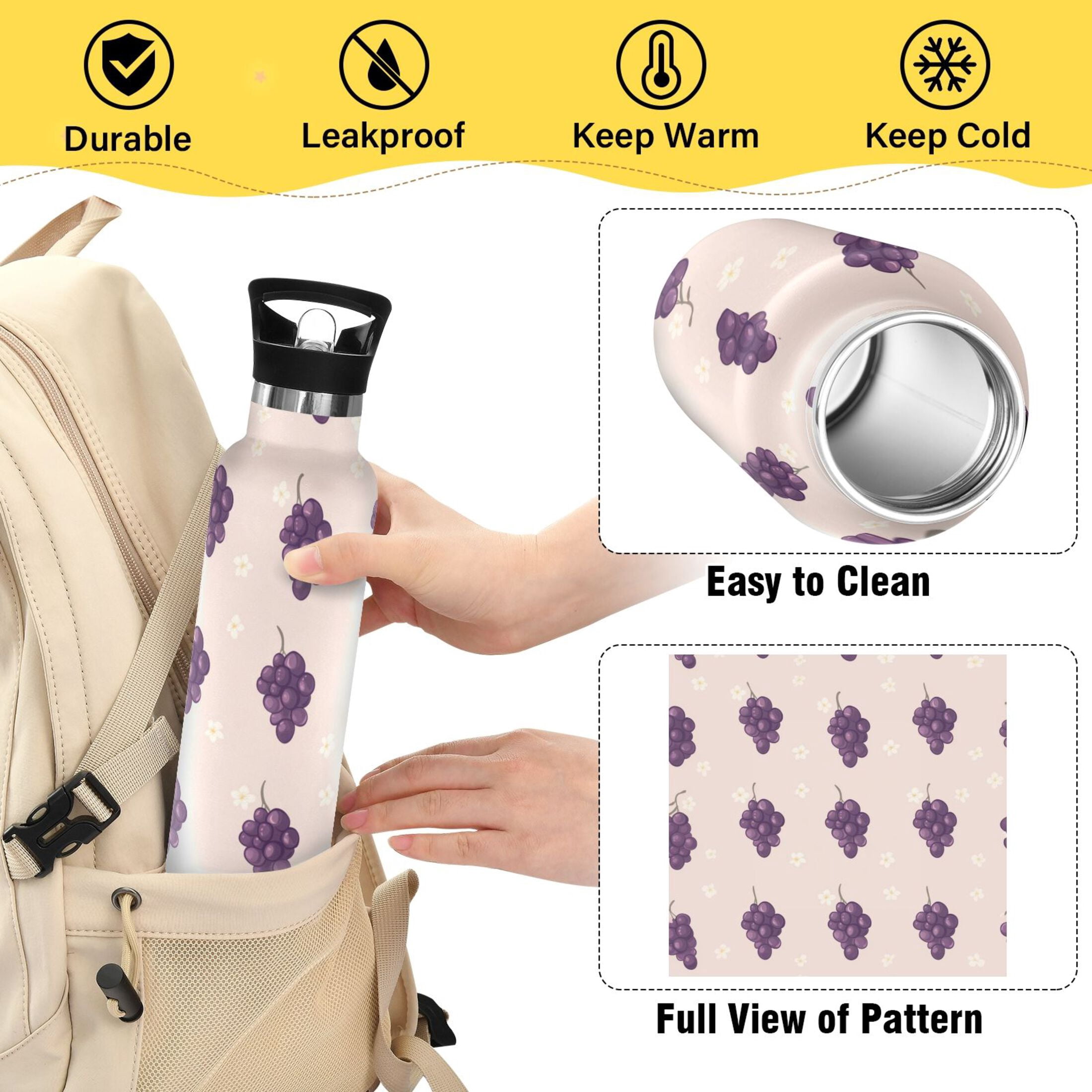 Kids Insulated Stainless Steel Sports Water Bottle 600ml (20oz) Grapes and Flowers Pattern