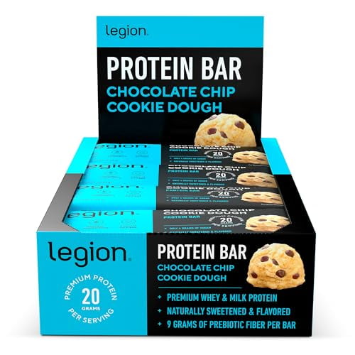Barra de proteína de masa de galleta con chispas de chocolate Legion - Barras de proteína de suero 100% bajas en azúcar y altas en proteínas con fibra prebiótica - Sin soja, sin gluten, con sabor natu