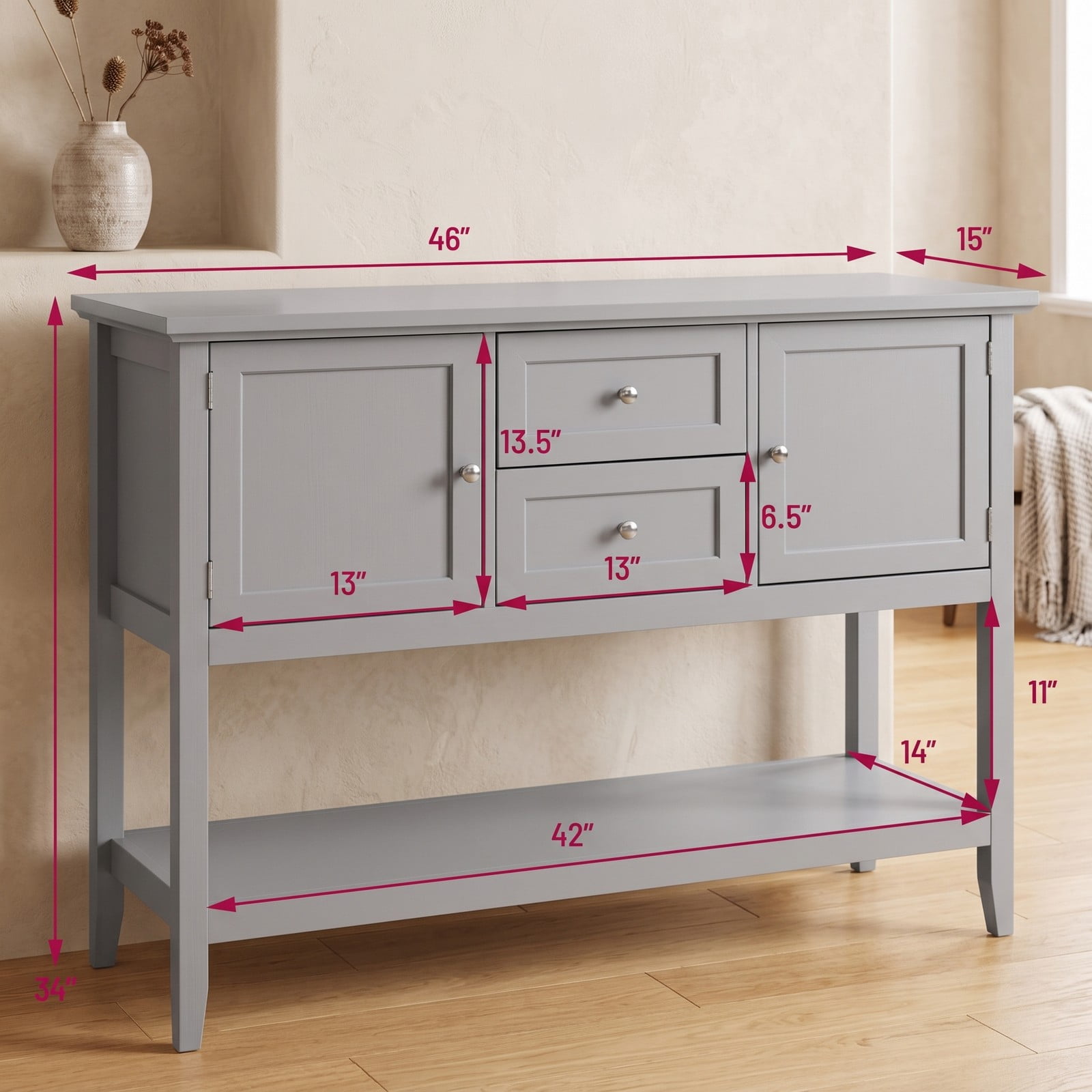 Furnibear Wooden Sideboard Buffet Console Table with 2 Cabinets and 2 Drawers and Open Shelf for Living Room and Kitchen, Gray