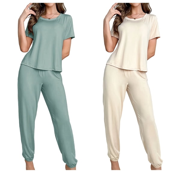 ZROVA Women's 2-Pack Summer Pajama Sets (4 Pieces) - Solid Color Short Sleeve Top & Long Pants Loungewear, Comfortable Casual Sleepwear for Home & Travel