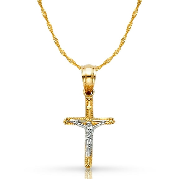 14K Two Tone Gold Jesus Crucifix Cross Pendant with 1.2mm Singapore Chain Chain Necklace