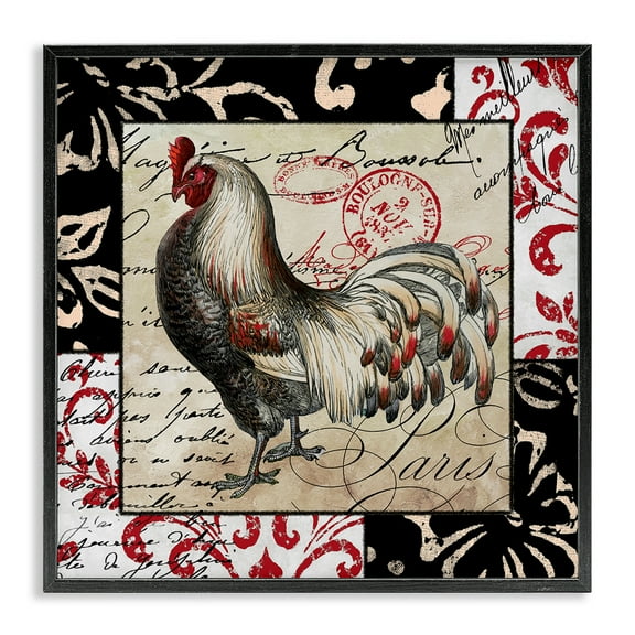 Stupell Industries Hen with Vintage Cursive Animals Painting Black Framed Art Print Wall Art, 12 x 12