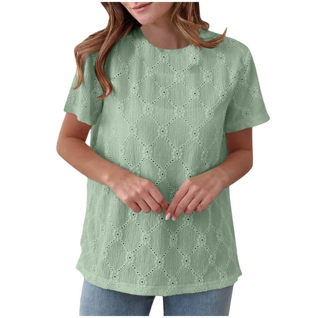 Liquidation! Hauts Grande Taille pour Femmes, Blouse à Manches Courtes d'Été pour Femmes, Haut Décontracté Uni à Col Rond et Manches Courtes pour Femmes