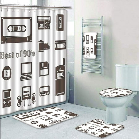 PRTAU 90s Gadget of 90s Icons With Desktop Computer Video Game Joystick Nostalgia 5 Piece Bathroom Set Shower Curtain Bath Towel Bath Rug Contour Mat and Toilet Lid (Best Desktop Gadgets For Windows 7)