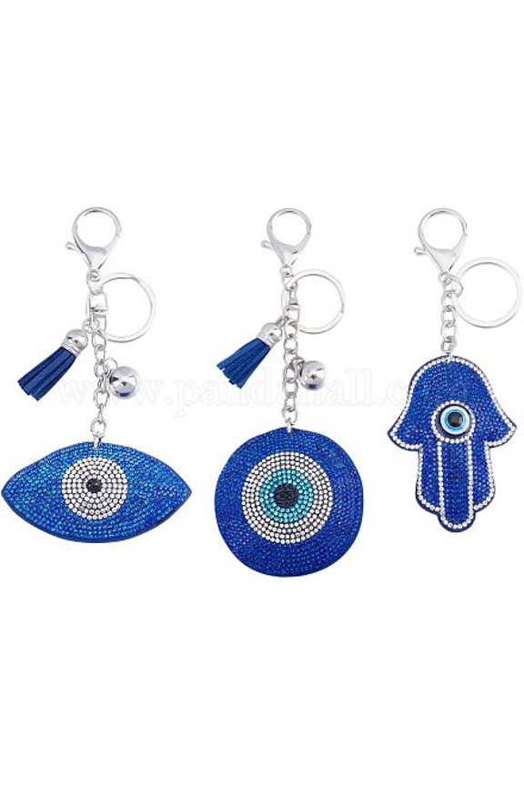 3Pcs 3Style Alloy Rhinestone Pendant Keychains with Microfiber and Alloy Findings Hamsa Hand with Evil Eye Platinum 14~17cm