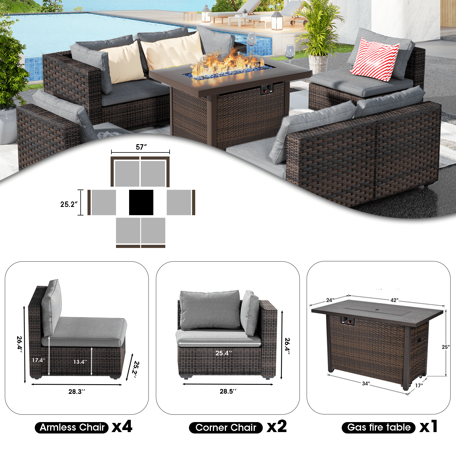 Grezone 7 Piece Patio Furniture Sets on Sale with Fire Pit Table, All Weather Outdoor Sectional PE Rattan, Patio Furniture Sets with Cushions for Garden, Lawn, Backyard,Gary