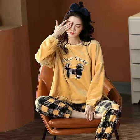 

CoCopeaunt Pajamas womens autumn and winter coral velvet thickened warm cute students long-sleeved facecloth home wear set sleepwear