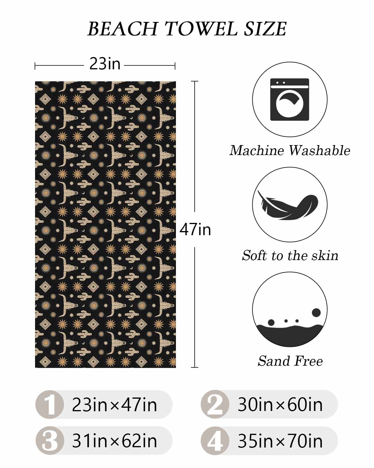 Western Cowboy Beach Towels Oversized Super Absorbent, Country Cow Head Cactus Sun Vintage Lightweight Bath Towel Quick Dry Sets For Bathroom/Pool/Rv Camping/Beach Play/Gym Room/Picnic 31"x62"
