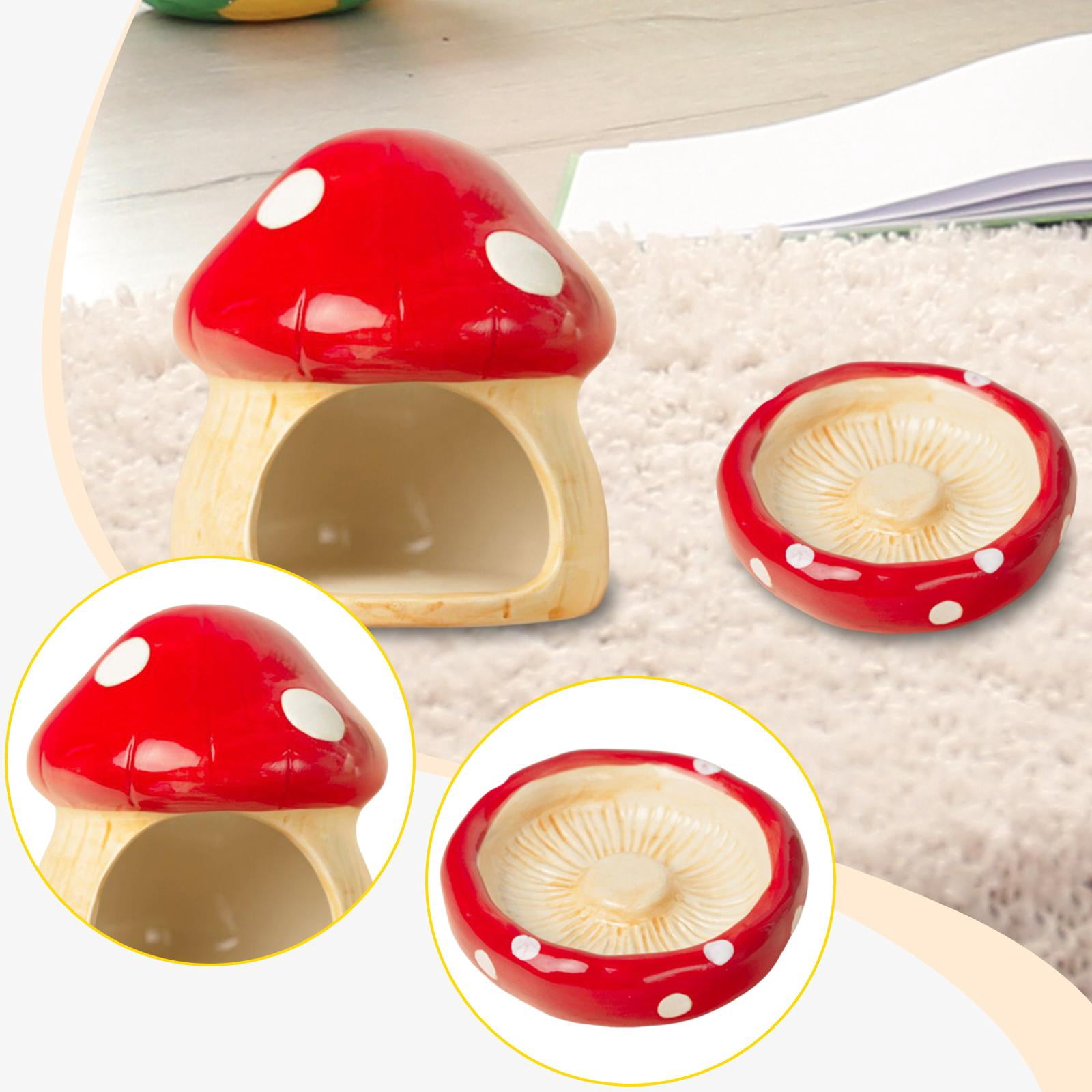 EHJRE Ceramic Hamster House Small Animal Hideout Cave Indoor with Food Feeding Bowl Mushroom Shaped for Hedgehog Small Animals Rats Red