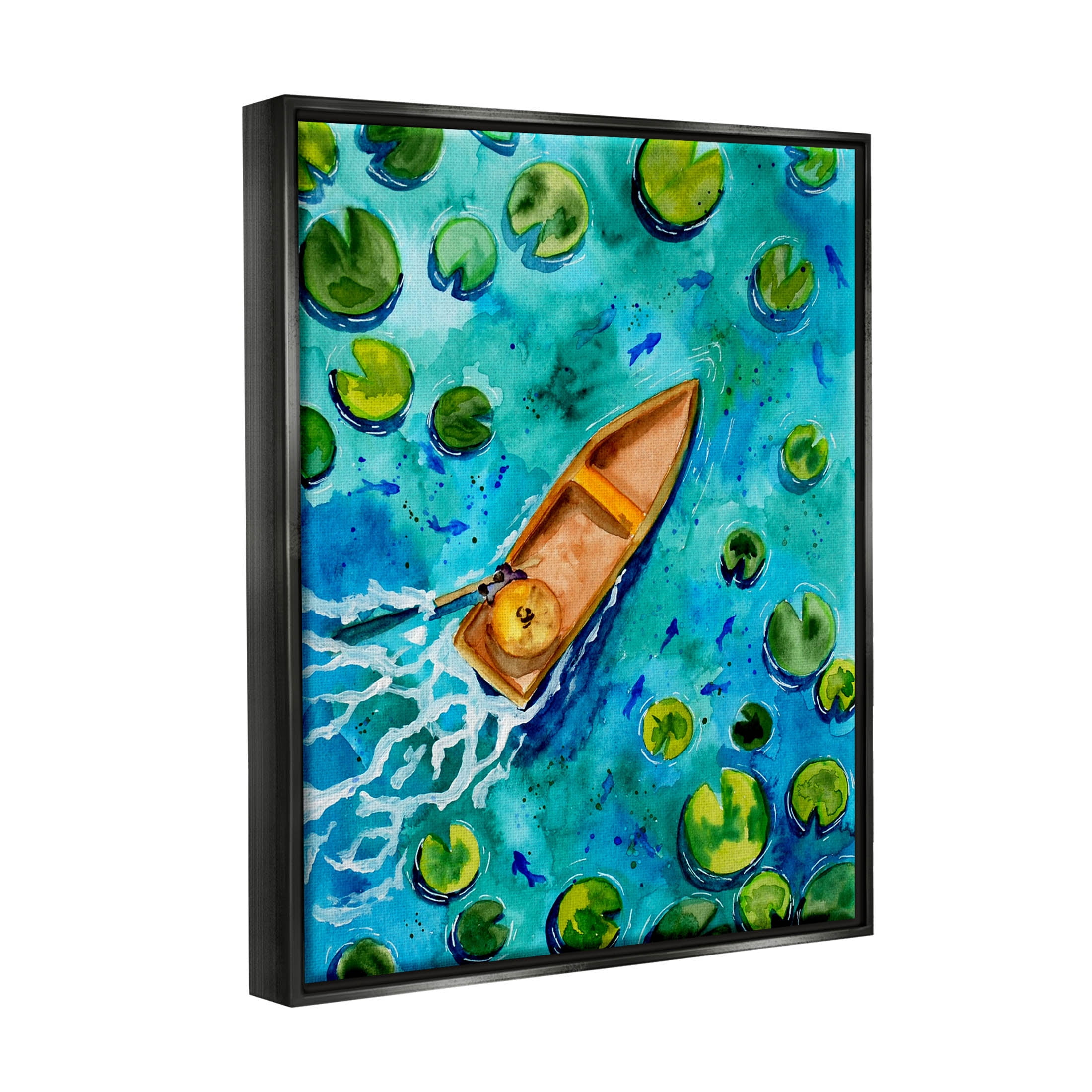 Pond Lilies Lake Boat Splash Transportation Painting Jet Black Framed Art Print Wall Art