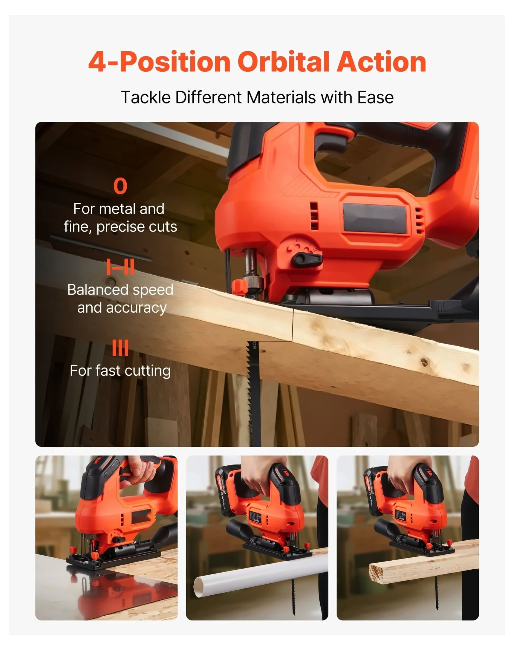 Cordless Jig Saw, 20 V, 3000 SPM Blade Speed, Cordless Jigsaw with Battery and Charger, LED Light, 6 Variable Speed, 0- 45° Bevel Cuts, with 6 pcs Blades, 4 Orbital Settings, for Wood, Metal