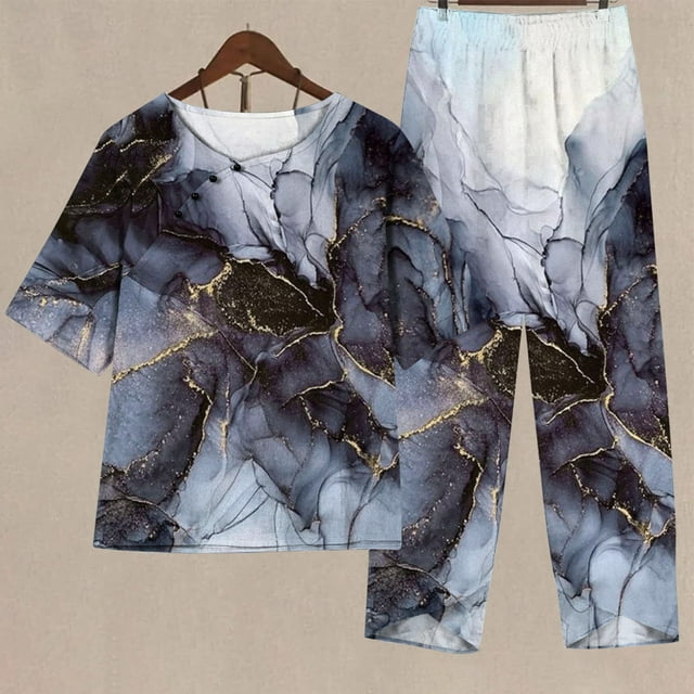 Ensemble 2 Pcs pour Femmes Été Ensemble Imprimé Manches Courtes Demi-Manches Col Rond Haut Court + Pantalon Décontracté Ensemble de Détente Deux Pièces Grande Taille en Liquidation