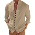 thumbnail image 1 of Camisa de lino para hombre, camisa de lino de algodón de manga larga con cuello alto y tapeta de botones, camisa ligera de verano para hombre, camisa casual, camisa henley, 1 of 4