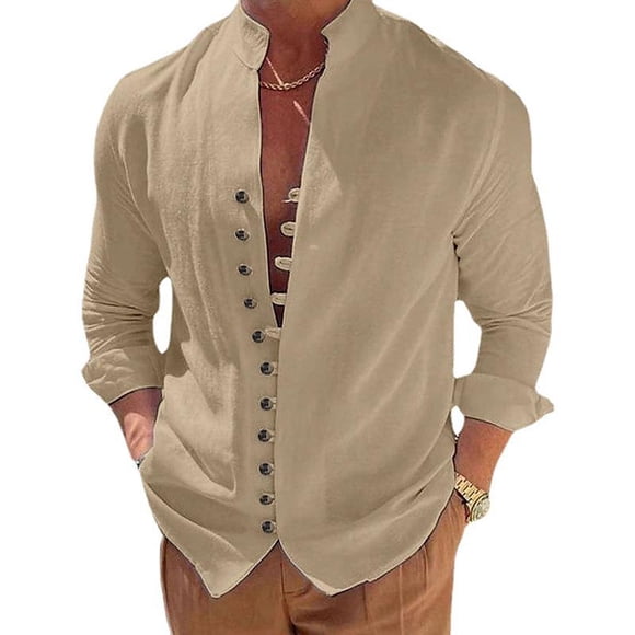 Camisa de lino para hombre, camisa de lino de algodón de manga larga con cuello alto y tapeta de botones, camisa ligera de verano para hombre, camisa casual, camisa henley