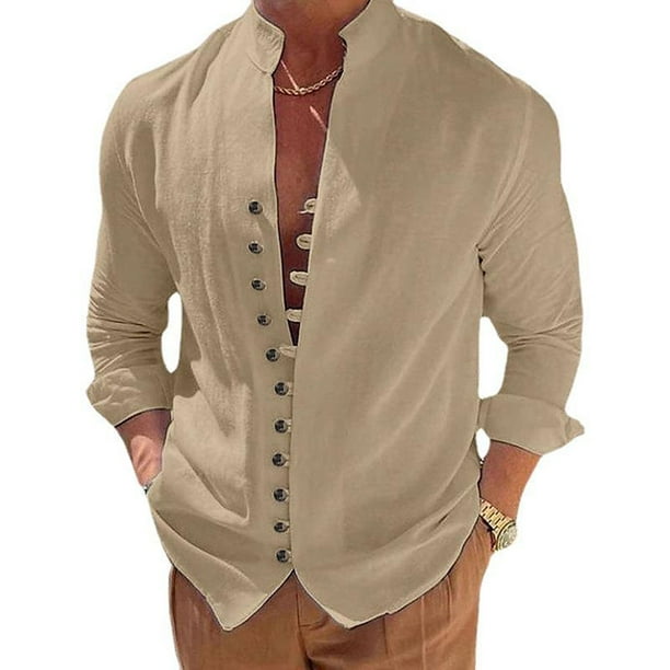 Camisa de lino para hombre, camisa de lino de algodón de manga