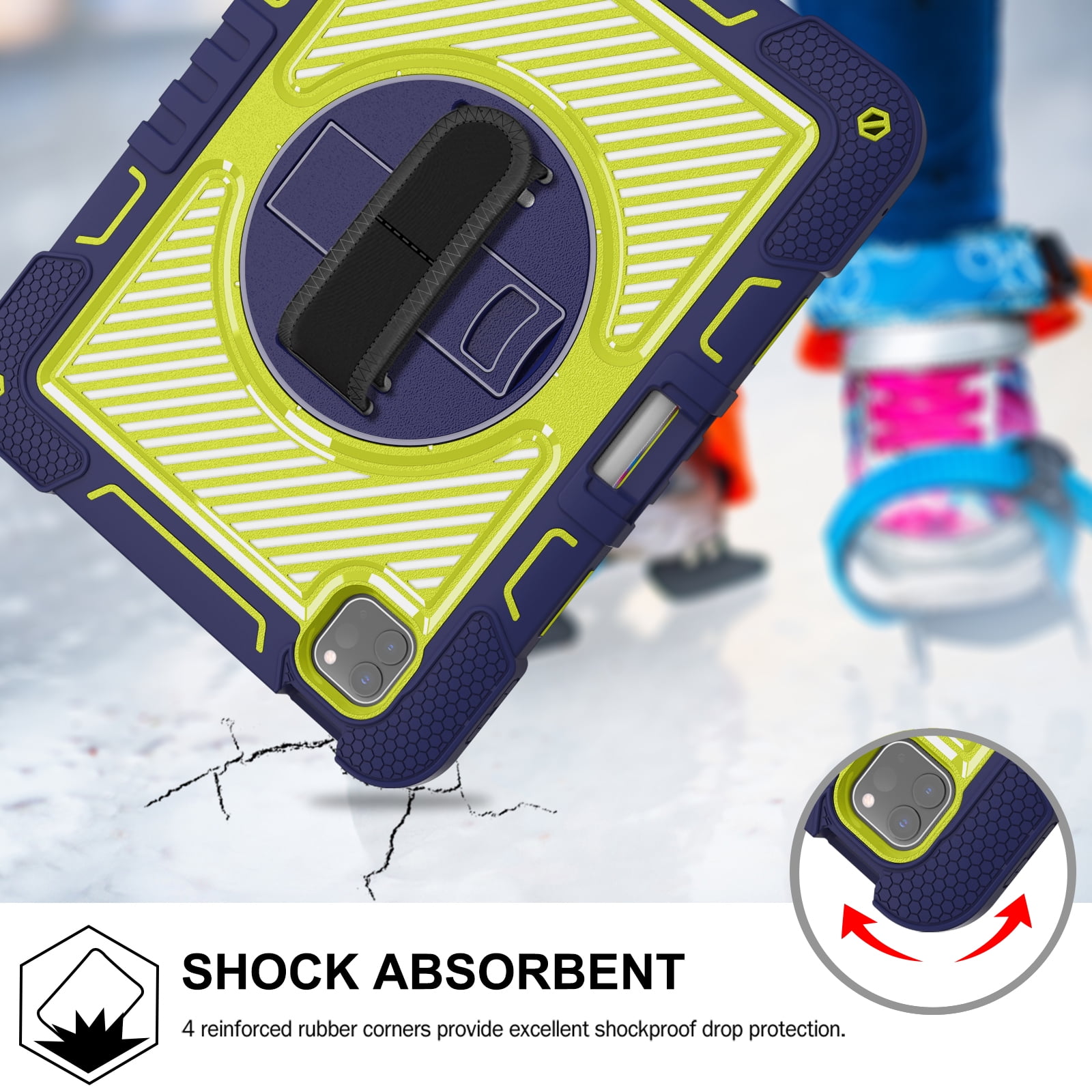ELEHOLD 3-Layer Shockproof Case For iPad 8th/7th Generation, Rugged Cover with 360° Rotating Kickstand, Wrist Strap, Detachable Shoulder Strap, Pencil Holder, Navy Blue+Green