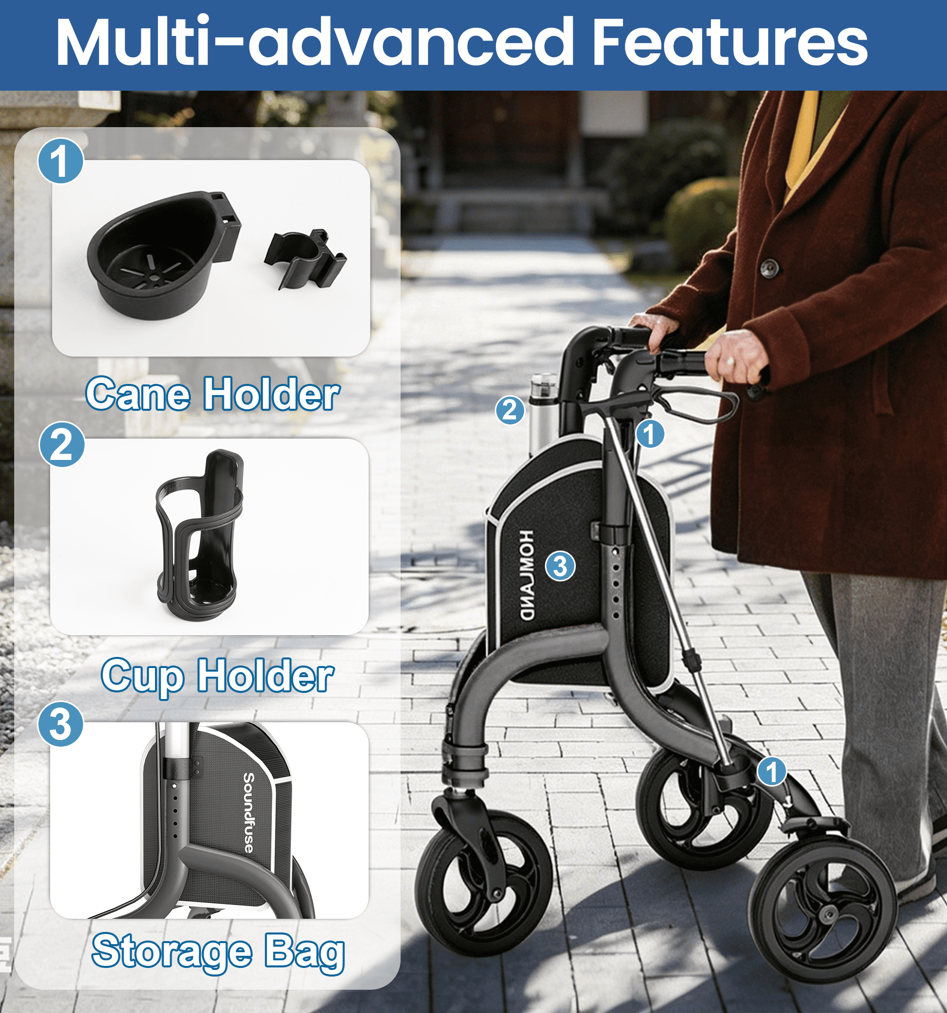 ZOTO Foldable 3 Wheel Walker for Seniors, Lightweight Rollator