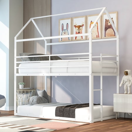 CLEARANCE! Bunk Beds for Kids Twin over Twin House Bunk Bed Metal Bed Frame Built-in Ladder No Box Spring Needed White