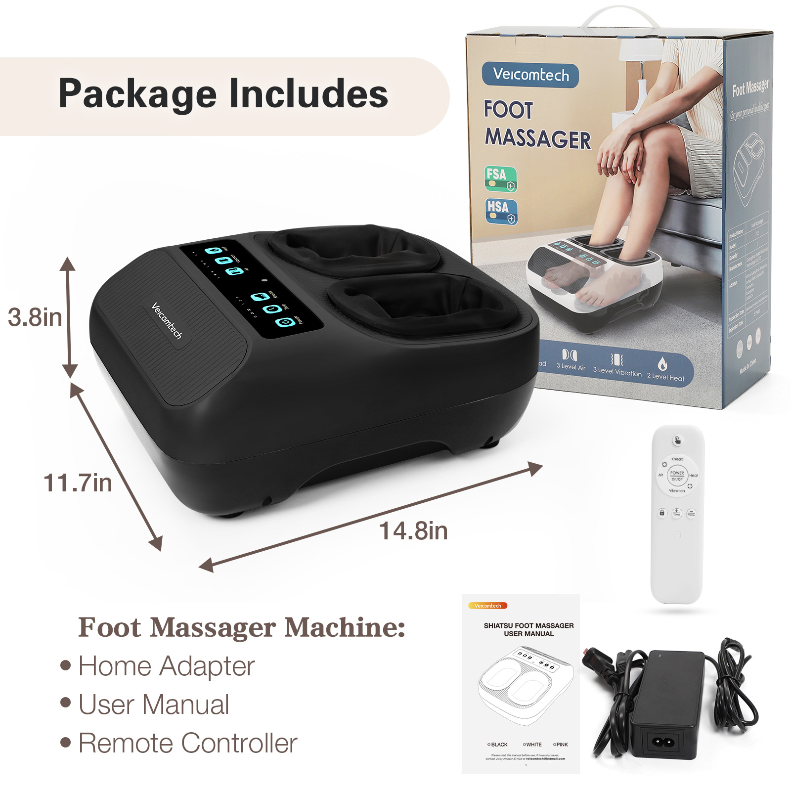Shiatsu Foot Massager with Heat, Electric Foot Massager Machine for Plantar Fasciitis Neuropathy with Remote Control, Adjustable Vibration and Compression (Black)