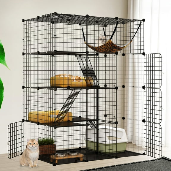 Dextrus 4-Tier Indoor Cat Cage, Cat Enclosure with Hammock, Large Metal Wire Cat Kennel DIY Cat Playpen Perfect for Multi-Cat Homes