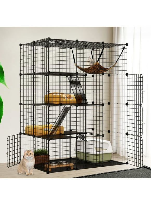 Dextrus 4-Tier Indoor Cat Cage, Cat Enclosure with Hammock, Large Metal Wire Cat Kennel DIY Cat Playpen Perfect for Multi-Cat Homes