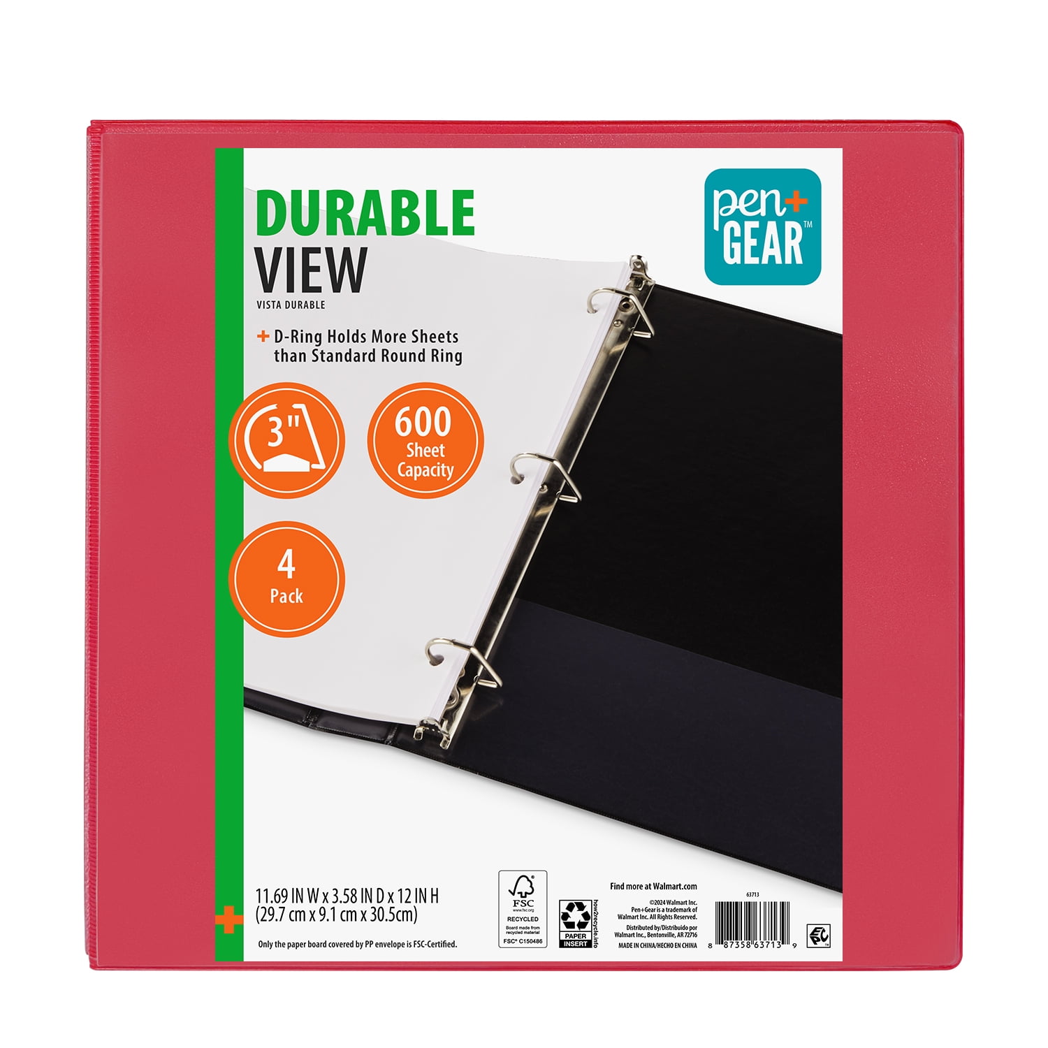 Pen+Gear Durable View 3-Ring Binder, 3-inch D Rings, Red, 4 Pack