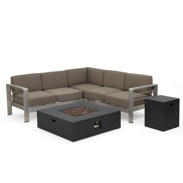 Crested Bay Outdoor V Shaped Sofa Set With Fire Table Khaki And Dark Grey Com Crested Bay Outdoor V Shaped Sofa Set, Crested Bay Outdoor Furniture