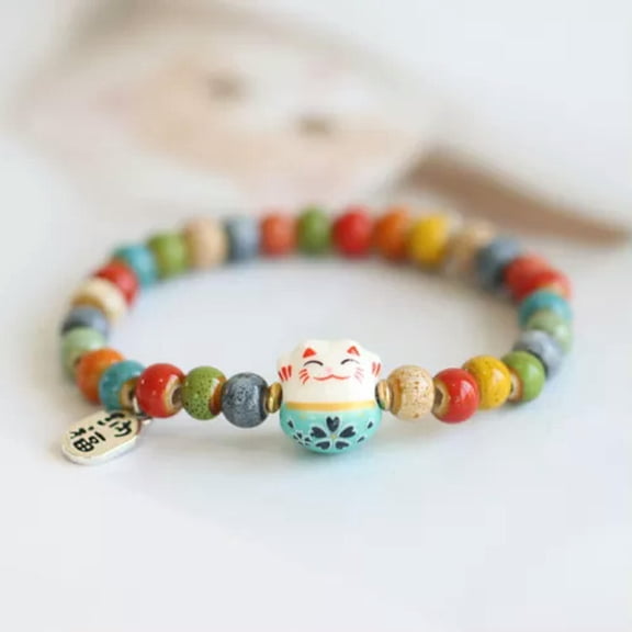 HOOUN Fashion Cute Lucky Cat Bracelet For Girls Adjustable Colorful Beaded Bracelets#-A2