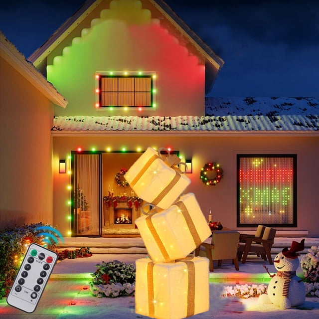 EGNMCR Christmas Light Box Remote Control Set Of 3 LED Gift Box Decoration Outdoor Elevated Christmas Box Gift Decoration Indoor Outdoor Terrace Plastic luminous decorative boxes