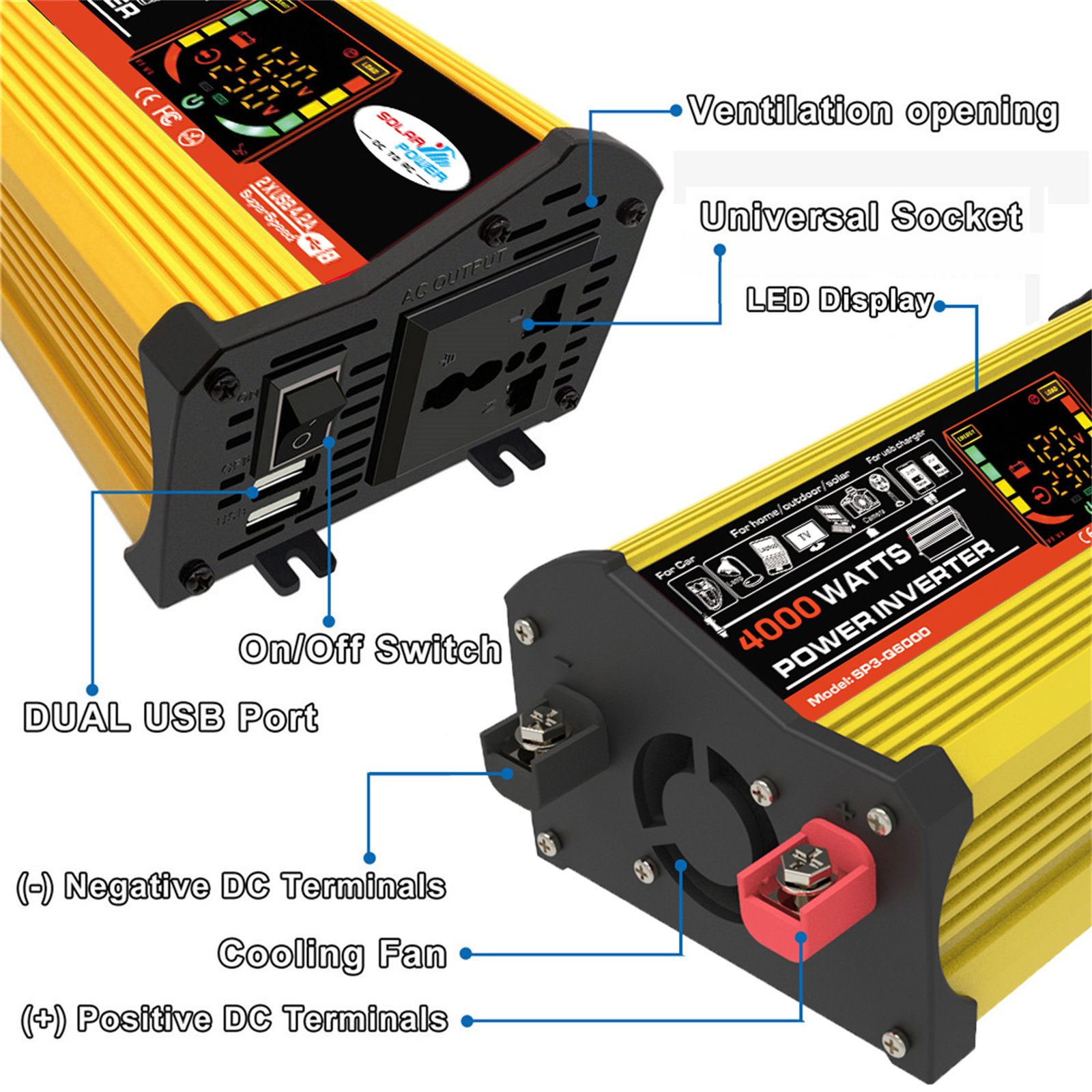 WheelX Portable Car Power Inverter 4000W,DC12V to AC110/220V Transformer, Modified Sinewave Inverter with Dual USB, LED Display